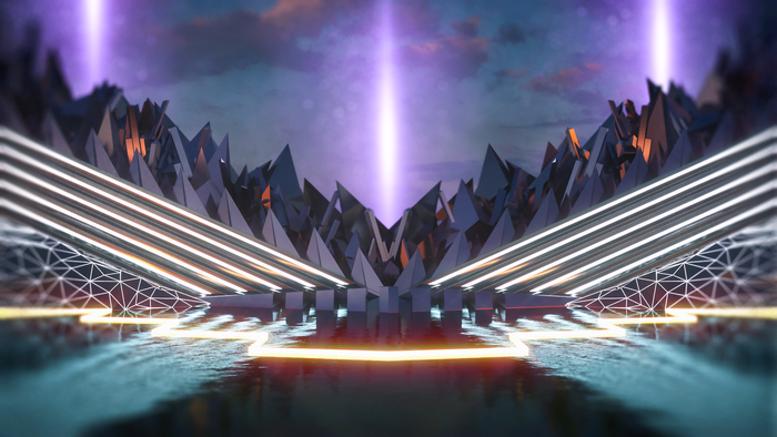 Abstract 3D render with neon lights and geometric mountains
