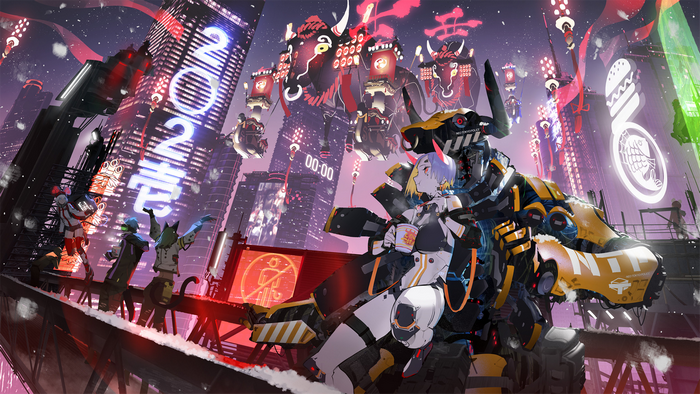 Cyberpunk New Year's Eve Cityscape with Mecha and Characters