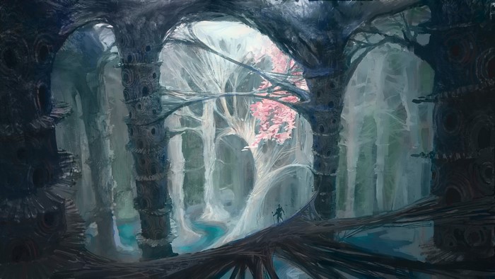 Fantasy art of an alien forest with a lone figure