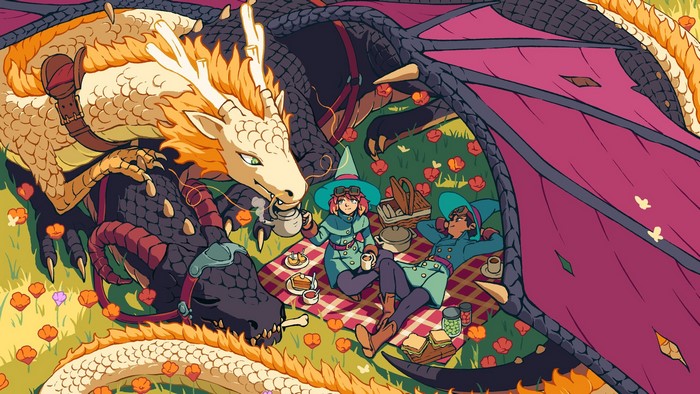 Two witches and two dragons having a picnic