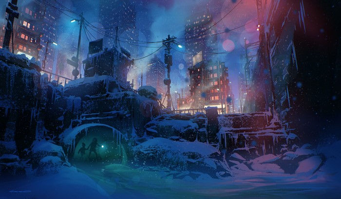 Winter Cityscape with Two Figures in Tunnel