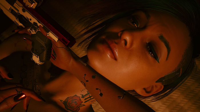 Judy Alvarez from Cyberpunk 2077 holding a gun