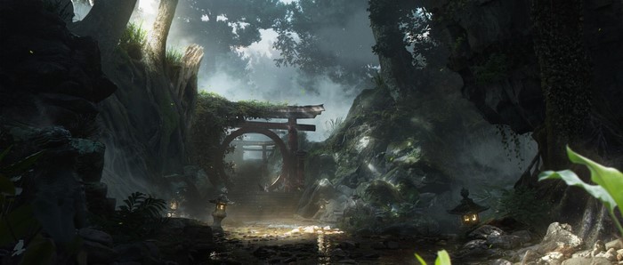 Torii gate in a misty forest with lanterns