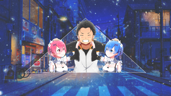 4K Natsuki Subaru, Rem, and Ram from Re:Zero in a Snowy City