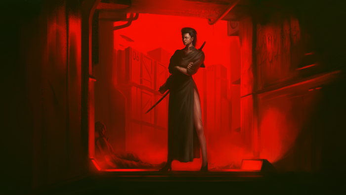 Cyberpunk 2077 V with Katana in Red Cityscape