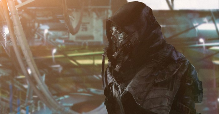 Futuristic masked figure in industrial setting