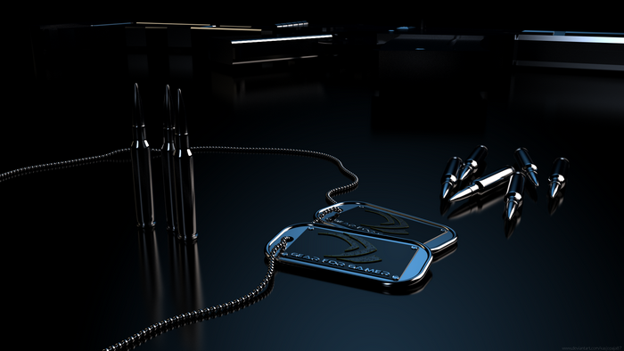 Nvidia dog tags and bullets on a reflective surface