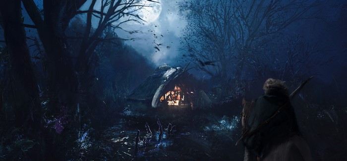 Digital painting of a camp at night under moonlight