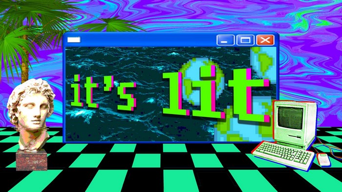 Retrowave digital art with statue and retro computer