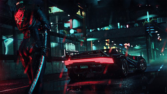 Cyberpunk 2077 Samurai with Katana and Car at Night