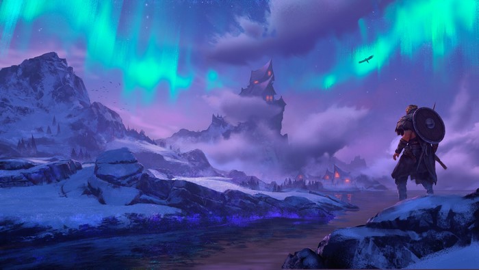 Assassin's Creed Valhalla Norse Landscape with Aurora Borealis