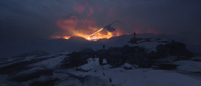 Dragon breathing fire over a snowy landscape with people