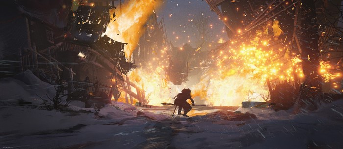 A lone figure faces a burning dragon in a destroyed village