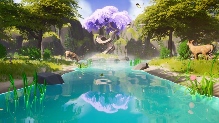 4K illustration of a fantasy forest with deer and a river