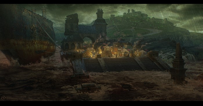 Fantasy port town with a large shipwreck in the rain