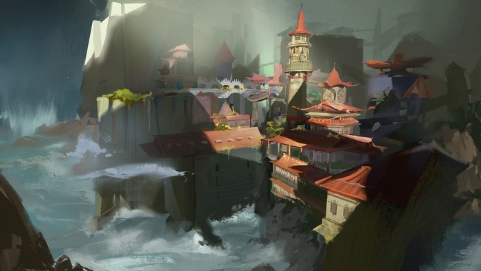 Digital art of a coastal city with traditional architecture