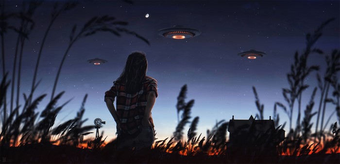 Girl watching UFOs in a field by Evgenij Kungur