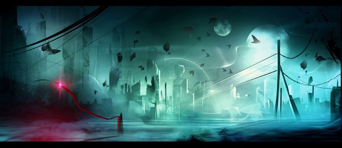 Concept art of a surreal alien cityscape with moons