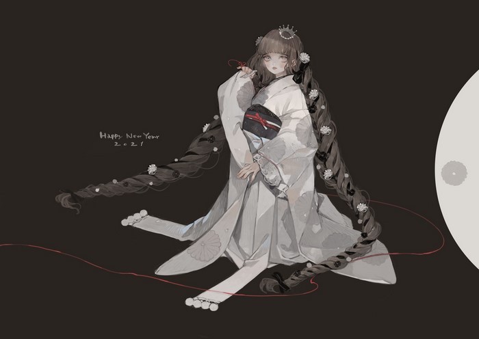 Anime girl in white kimono with long braids