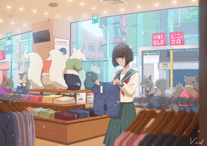 Anime girl shopping for pants with squirrels in a store
