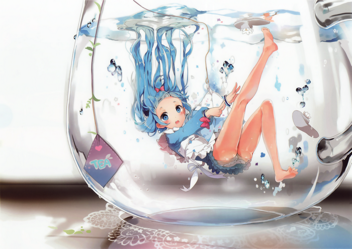 Anime girl with blue hair in a teapot