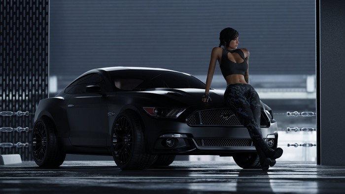 Mara Valkyrie from Call of Duty leaning on a black Ford Mustang