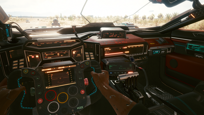 Cyberpunk 2077 car interior with desert landscape