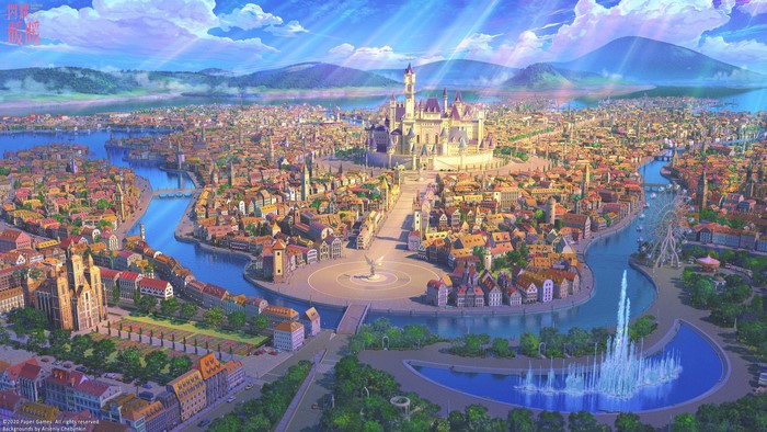 Fantasy Cityscape with Castle, River, and Ferris Wheel