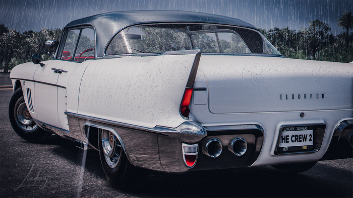 White Cadillac Eldorado from The Crew 2 in the rain