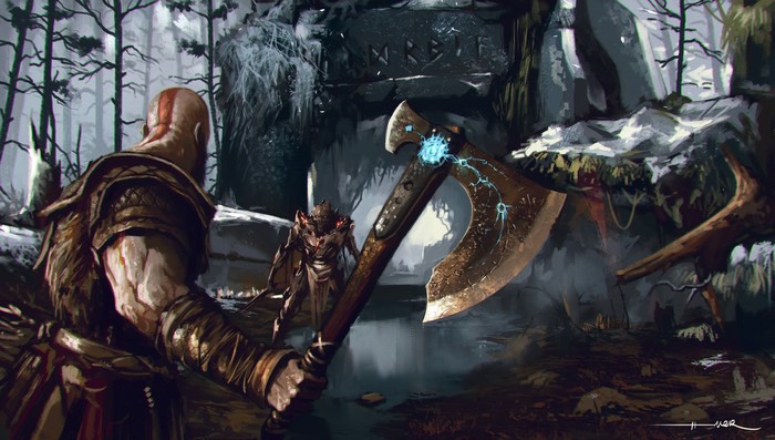 Kratos with Leviathan Axe facing an enemy in God of War