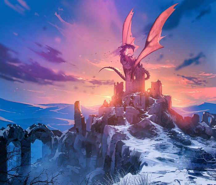 Dragon perched on a snowy castle ruins at sunset