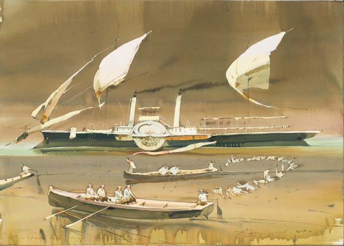 Steamship and boats on water by Alexander Votsmush
