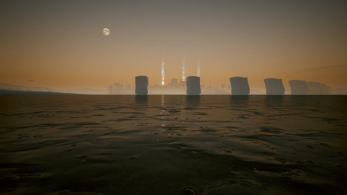 Cyberpunk 2077 screenshot of a city skyline with icebergs