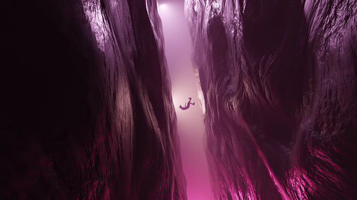 Person falling in a purple canyon