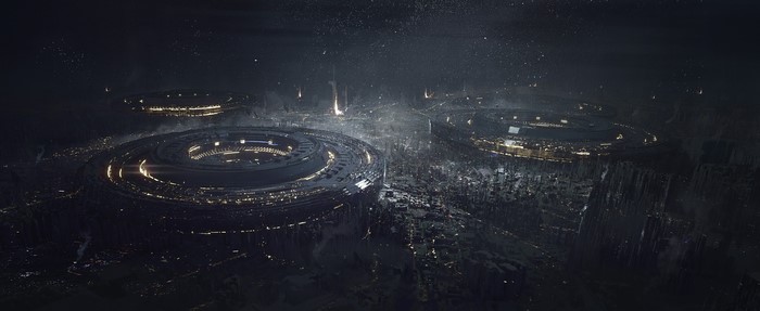 Futuristic city with circular structures at night