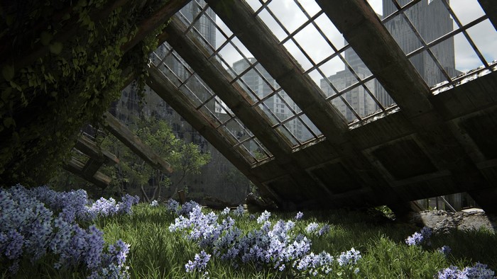 Ruined greenhouse with flowers and city skyline