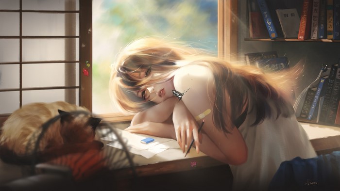 Girl sleeping at desk with cat by Taejune Kim