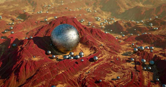Abstract landscape with metallic spheres