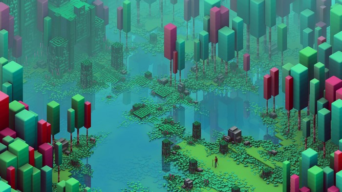 3D abstract artwork of a surreal voxel landscape