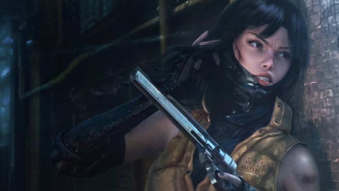 Woman with gun in dark environment