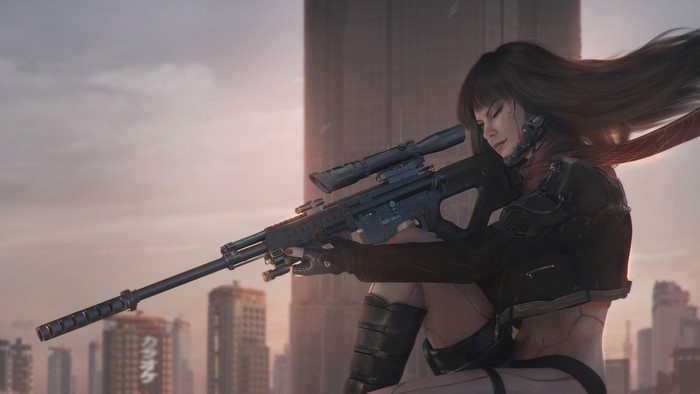 Woman with sniper rifle in a city
