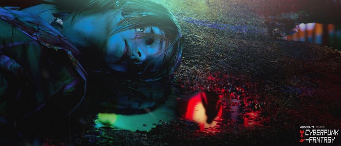 Woman lying on wet asphalt with cyberpunk elements