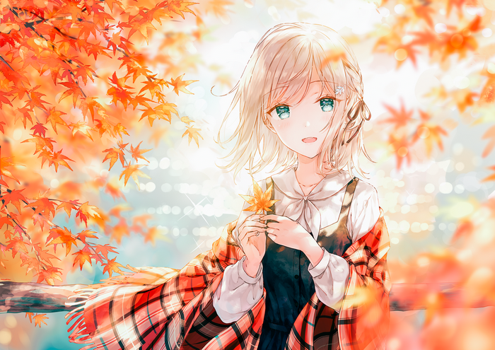 Anime girl with blonde hair in fall with maple leaves