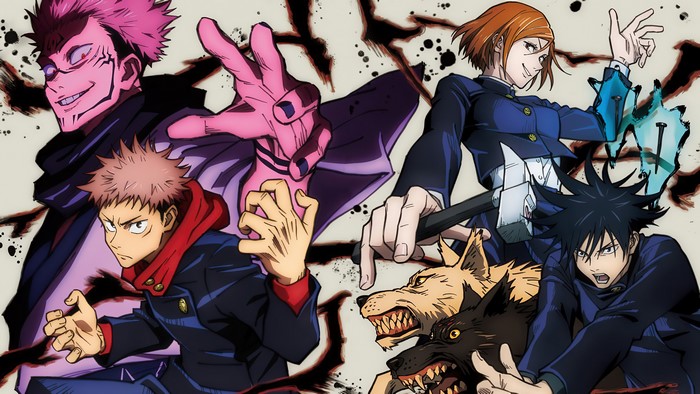 Jujutsu Kaisen characters Yuji Itadori, Megumi Fushiguro, Nobara Kugisaki, and Sukuna