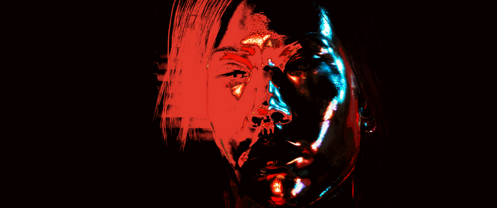Cyberpunk 2077 character with red and blue lighting