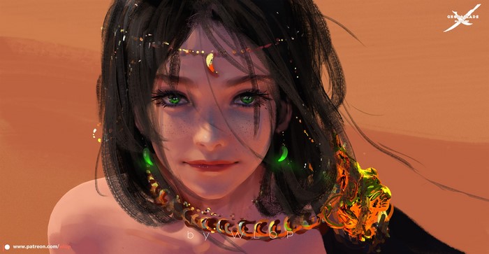 Fantasy girl with green eyes and dark hair by WLOP
