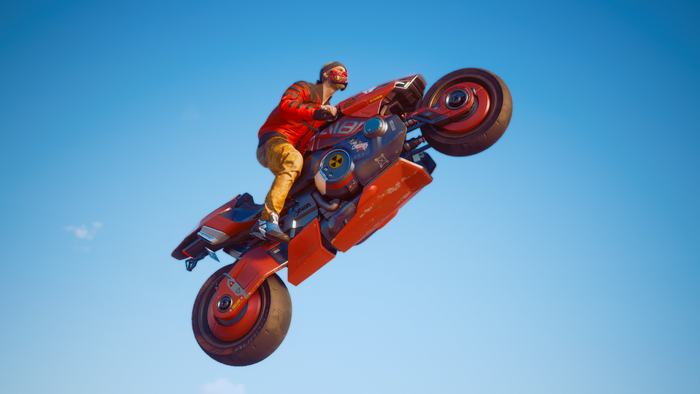 Man on a red motorcycle doing a wheelie in Cyberpunk 2077