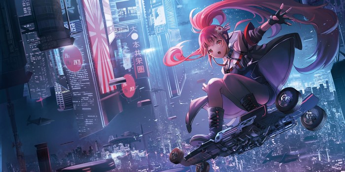 Anime girl with pink ponytail on a skateboard in a futuristic cityscape