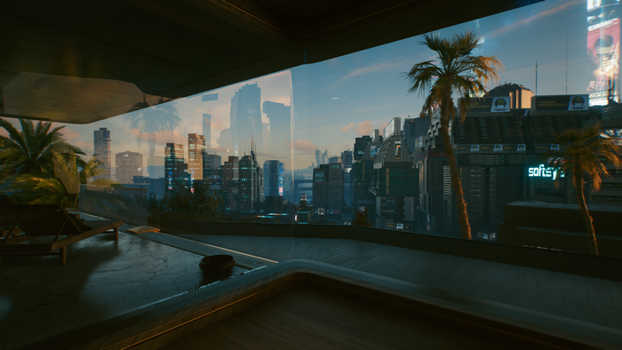Cyberpunk 2077 screenshot of a futuristic city skyline