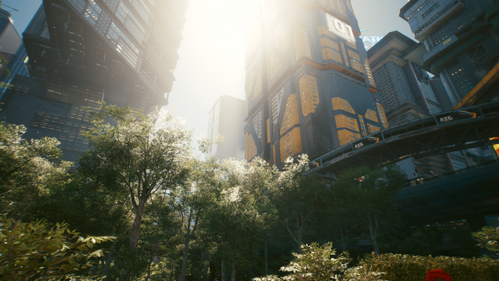 Cyberpunk 2077 cityscape with trees and sun